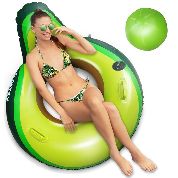 Floatey Avocado River Tubes for Floating - Xtralarge Pool Floaties for Adults with Backrest | Inflatable Avocado Float with Beach Ball, and Cup Holder | Avocado Pool Floats for Adults with Handles
