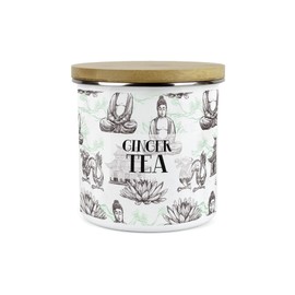 Purely Home Asian Scenes Ginger Tea Canister - White Metal Enamel Kitchen Food Storage Container