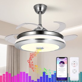 LUOLAX Bluetooth Remote Control Music Ceiling Fan Chandelier Multi-Function LED Invisible Retractable Blades Ceiling Fan Light for Restaurant Study Living Room Bedroom (36-Inch Style 5)
