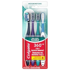 Colgate 360 - Cepillo de dientes para boca completa, cepillos dentales para adultos con cerdas medias, ayuda a eliminar las bacterias del mal aliento y la placa, cepillo dental de cerdas medias