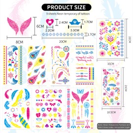 Sugeru 9 large sheets neon face tattoo (157 patterns), glitter neon party outfit, colour tattoo face, black light make-up, UV body & face painting tattoo stickers, natural soy ink