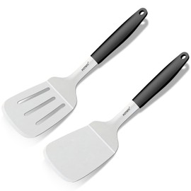 POTWIY 2 Pcs Stainless Steel Spatula Set, 11.3 x 3.1In Metal Spatulas for Kitchen Use, Cast Iron Skillet Cooking, Solid and Slotted Turner with Heat Resistant Handle, Flipper for Steak, Eggs, Burgers