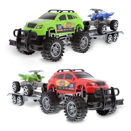Mozlly Friction Powered Monster Trucks with SUV Towing ATV Trailers - 2 Sets of Monster Truck Toys with Removable Hook Up ATV Towing Trailers Toy, Realistic Truck and Trailer Toys for Boys and Girls