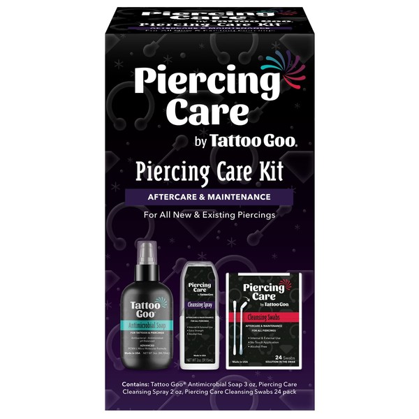 Piercing Care Kit by Tattoo Goo - Complete Kit Includes Antimicrobial Soap, Cleansing Spray and Cleansing Swabs