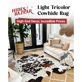 HIDES BAZAAR Light Tricolor Cowhide Rug Premium Cowhide Leather with Mixed White, Brown & Black Color Pattern - Natural Cowhide Rug for Office & Home Decor - Cow Hide Rugs 6x8 ft