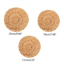 ieron Round Placemats - Set of 3 Water Hyacinth Weave Placemats and Coasters Round Handmade Natural Grass Woven Place Mats Heat Resistant Kitchen Dining Table Accessories 11cm-18cm-25cm