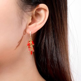 Red Firecracker Tassels Hoop Earring Chinese Style Cubic Zirconia Small Tiny Hoops Gold Plated Huggie Dangle Drop Earring Charms Dangling Ear Cuffs Fashion Gift for Women Best Friends