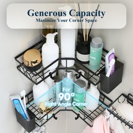 Sea Team Adhesive Corner Shower Caddy with Soap Holder and 14 Hooks, Rustproof Carbon Steel Bathroom Organizer, Wall Mounted Shelf with Toothpaste Holder, Storage Rack, Black, Set of 3