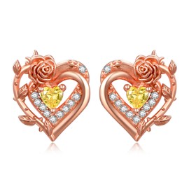 Zeuslia Rose Heart Birthstone Earrings for Women, 925 Sterling Silver Women Stud Earrings, Mother's Day Birthday Anniversary Jewelry Gifts for Wife Mom Grandma Daughter, Sterling Silver, Citrine