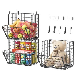 X-cosrack Metal Wire Basket Wall Mount, 3 Tier Wall Storage Organizer with 5 S Hooks, Kitchen Fruits and Vegetables Bin Toys Organizer Hanging Basket Black (S (10.83" L x 10.63" W x 30" H))