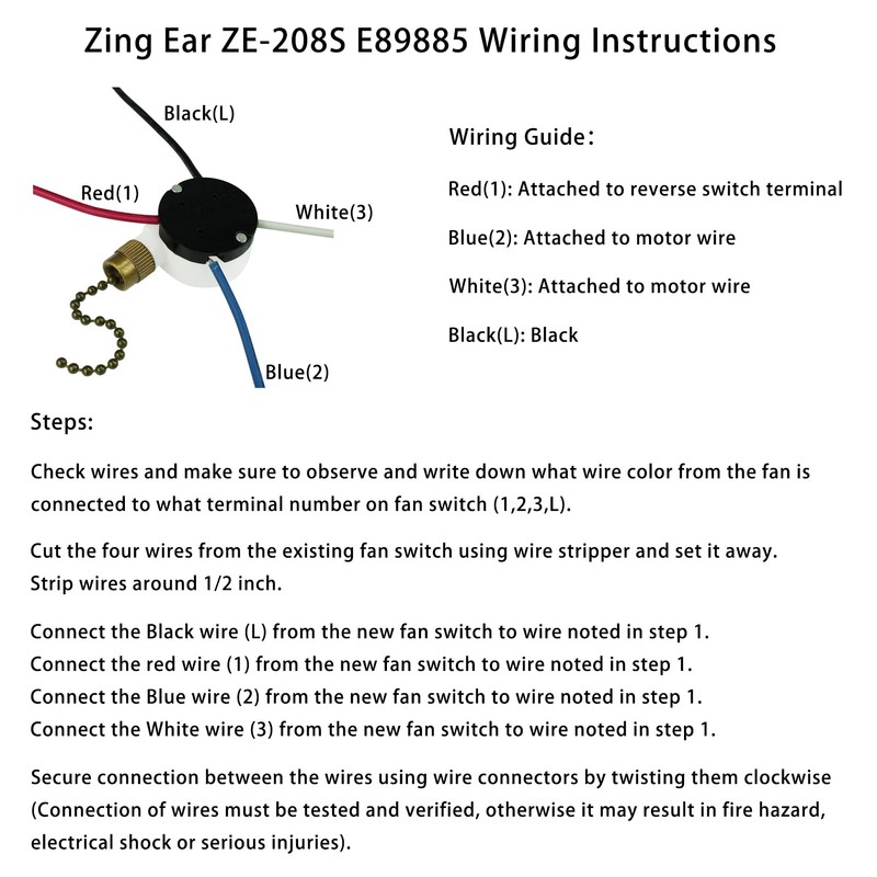 Ceiling Fan Switch Zing Ear ZE-208S E89885 3 Speed 4