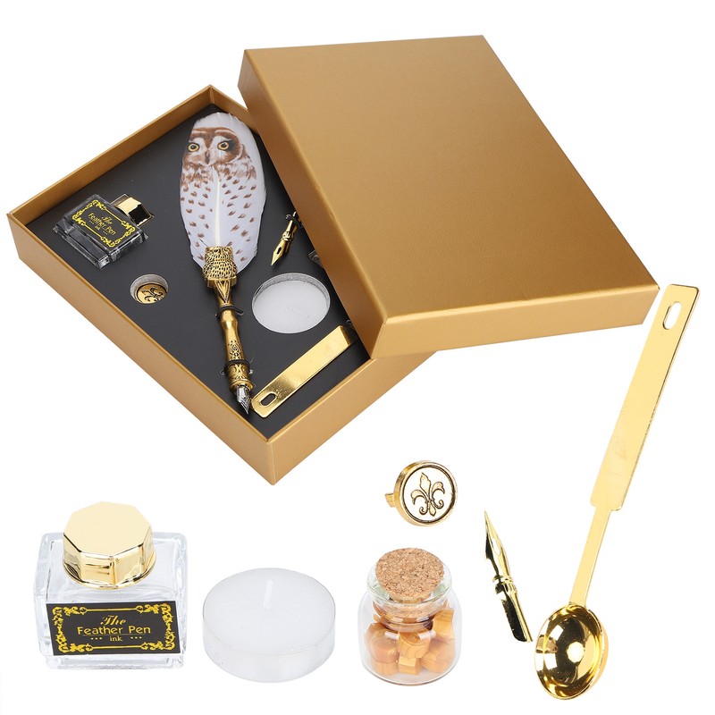 Dip Calligraphy Pen Set Owl Feather Pen Lacquer Stamp Vintage