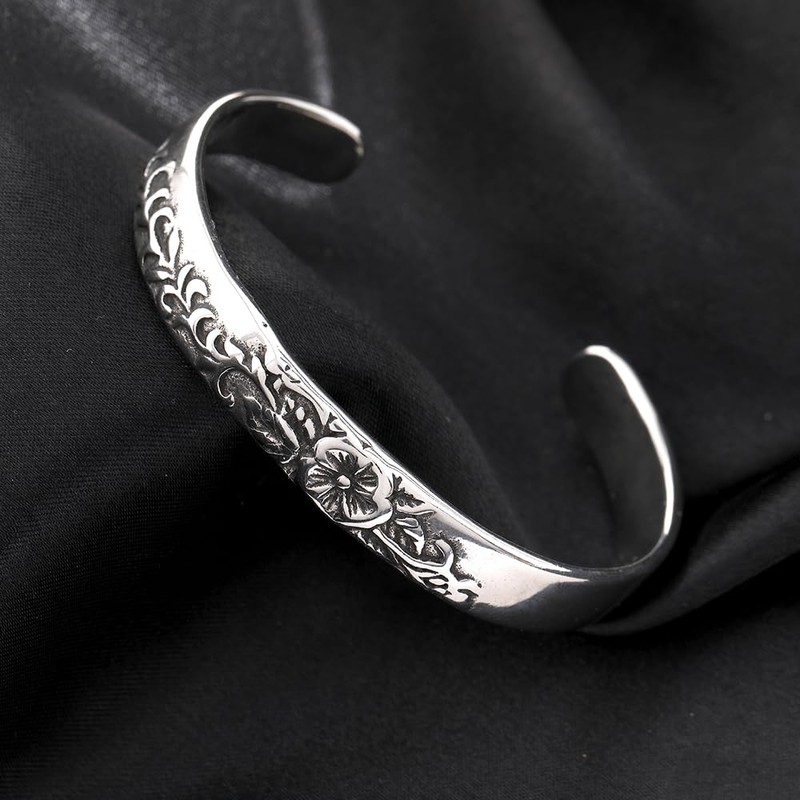 NIGHTCRUZ Vintage Repousse Flower Bangle, Flower Blossom Cuff Bracelet Stainless