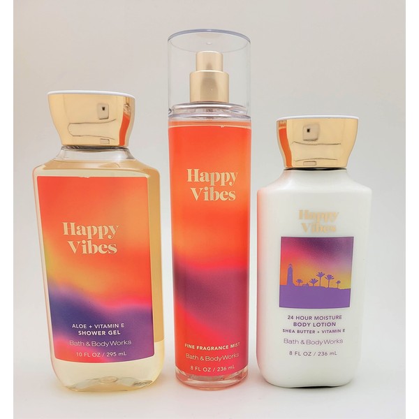 Bath & Body Works - Happy Vibes - 3 pc Bundle - Trio - Shower Gel, Fine Fragrance Mist and Body Lotion - 2021