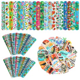 Kolewo4ever 400 Pieces Hawaii Gifts Set:200 Pieces Hawaii Theme Slap Bracelets Flamingos Beaches Slap Bracelets 200 Pieces Hawaii Stickers for Luau Tropical Gifts Party Favors (Hawaii)