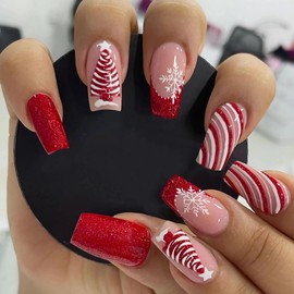 MISUD Christmas Press on Nails Long Square Fake Nails Glossy Glue on Nails Bling Red Glitter Acrylic Nails Squoval Artificial Nails Xmas Tree Stick on False Nails with Design 24 pcs