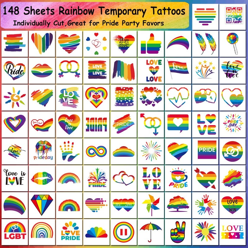 CHARLENT Temporary Rainbow Tattoo, 148 Individual Sheets - Pride Tattoos,