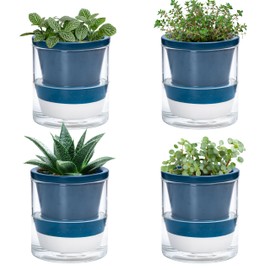 D'vine Dev 4 Inch Design Self Watering Planter for Indoor Plants, Blue Terracotta Pots with Cylinder Glass Cup, Set of 4, 375-A-4