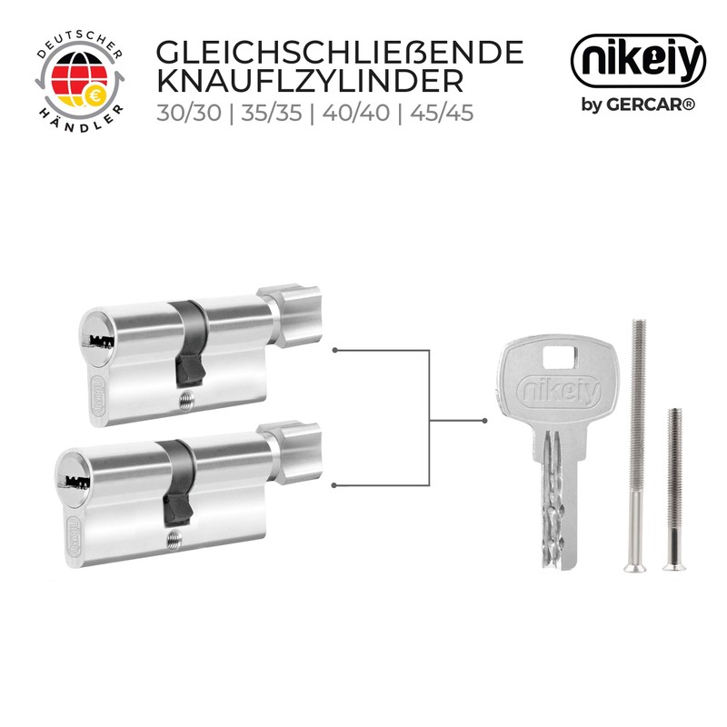 GERCAR Profile Cylinder, Locking Cylinder, 30/30 mm, Knob Cylinder Door
