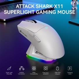 ATTACK SHARK ATTACK SHARK X11 Lightweight Wireless Gaming Mouse with RGB Charging Dock,Tri-Mode-2.4G/USB-C Wired/BT,22K DPI,PAW3311 Optical Sensor,HUYU Switch, 5 programmable Buttons for PC/Mac(White)