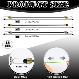 Roucerlin 45 Pieces Small Bungee Cords with Hooks, 10" Elastic Rubber Bungee Straps, Heavy Duty Outdoor Bungee Rope for Bike Tent Camping Luggage (Green, Black, Silver)