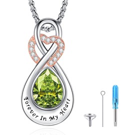 LOOVE Infinity Cremation Jewelry Sterling Silver Birthstone Ashes Necklace Tear Drop Urn Pendant for Human Ashes Peridot Urn Necklace for Women Memorial Jewelry