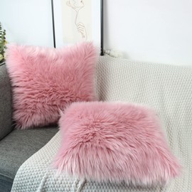 OYIMUA Blush Pink 18x18 Cushion Covers Pack of 2 Fluffy Soft Faux Fur Square Pillowcases Autumn, Luxury Home Decorative Cozy Plush Pillow Covers Case 45 x 45 for Sofa Bed Living Room