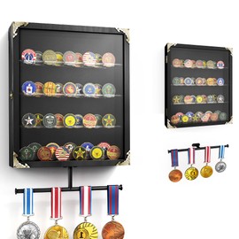 Coin Display Case Wall Mount, Challenge Coin Holder and Medal Display Frame, ATSKIM Lockable Military Pins Stand for Collectors, Wooden Memorial Shadow Box with Acrylic Removable Shelves (Black)