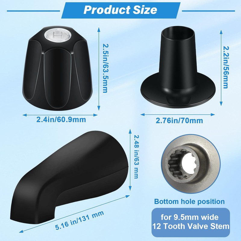 Coolfell Matte Black Bath Tub Spout Shower Trim Kit, 3