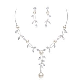 EleQueen Bridal Flower Leaf Wedding Jewelry Set for Women, Silver Plated Cubic Zirconia Simulated Pearl Floral Vine Filigree Necklace Earrings Set Jewelry Gift for Brides Bridesmaid