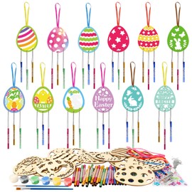 HAKOTOM Pack of 12 Easter Eggs Wind Chimes Craft Set Children Easter Eggs Wind Chimes Crafts Wooden Easter Egg Craft Sets Easter Crafts for Easter Decoration