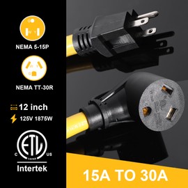 30 Amp to 110 Volt RV Power Adapter Cord, 30A to 15A NEMA 5-15P Male to TT-30R Female RV Camper Cord Adapter, 12 Inch Heavy Duty 10AWG STW Cable, ETL Listed, for RV Trailer Camper