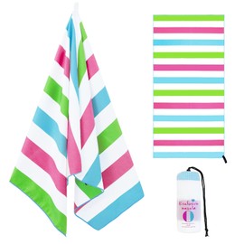 Exclusivo Mezcla Microfiber Quick Dry Beach Towel, Oversized Sand Free Beach Towel for Travel/Camping/Sports (Striped Green Pink Blue, 88x178 CM - Super Absorbent, Compact and Lightweight