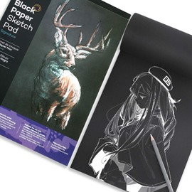 A4 Black Sketch Pad Heavyweight Art Pad Heavyweight Paper Sketch Book Black Pages Sketch Pad for Drawing for Graphite,Coloured Pencils,Charcoal,Oil Pastels,Gel Pens, Chalk,Ink,25 Sheets