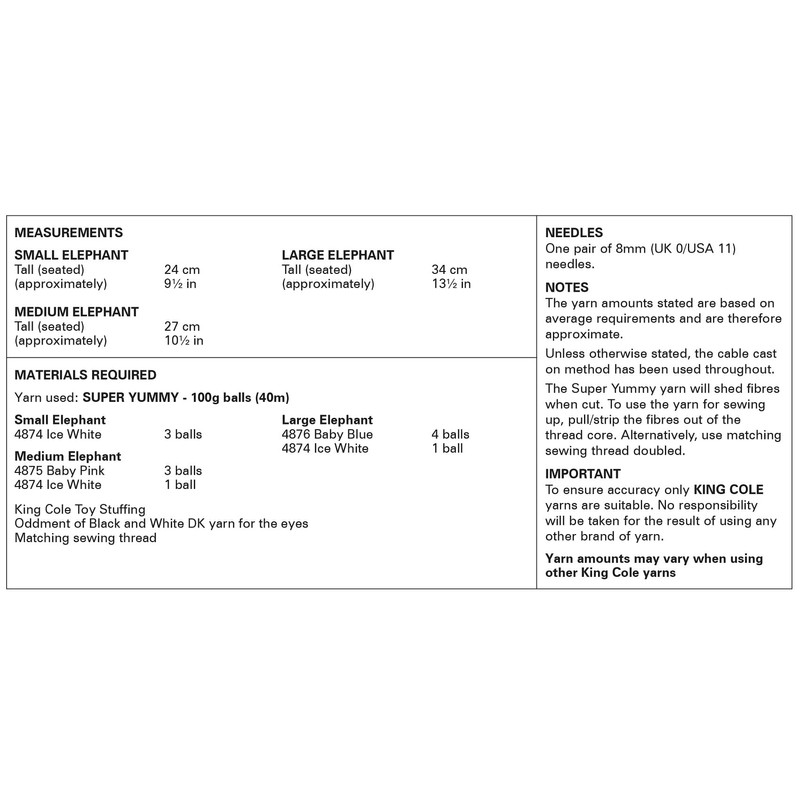 King Cole Super Yummy Knitting Pattern Stuffed Elephant Toys (9185)