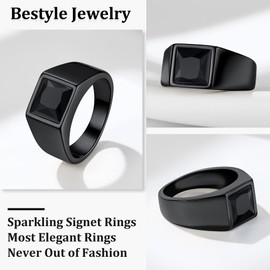 Bestyle Black Men Signet Ring-8mm*8mm Black Onyx Gemstone Ring Cubic Zirconia Ring for Men-Chunky Black Metal Plated Stainless Steel Ring Cool Band Finger Ring, Size 11