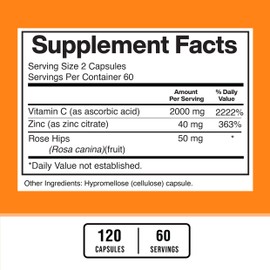 American Standard Supplements Vitamin C 2000mg, Zinc 40mg, and Rose HIPS 50mg Per Serving, Vegan, Gluten Free, Non-GMO (120 Count)