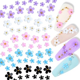 400Pcs 3D Flower Caviar Beads Nail Art Decals Charms for Nails, 3D Acrylic Flower Nail Charms with Pearl Golden Caviar Beads for Women DIY Manicures Salon Accessories (Black+Blue)