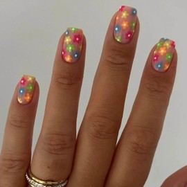 BABALAL Press on Nails Short Square Fake Nails Colorful Floral Glue on Nails Nude Acrylic Nails Summer Spring Coquette False Nails Ballerina Glossy DIY Stick on Nail Supplies 24Pcs Squoval Nails