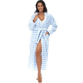 Alexander Del Rossa Women's Robes, Long Plush Bathrobe, Womens Robe with Hood, Hooded Robes for Women Plus Size Robe Tranquil Blues Gingham Check Plaid Medium (A0116ANHMD)
