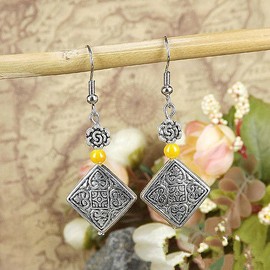 Unbranded Cute New Tibetan Silver Yellow Bead & Diamond Shape Charm Dangle Drop Earrings