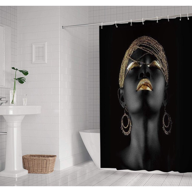 NTETSN Black Afro Girl Shower Curtain, Black Girl Golden Lips