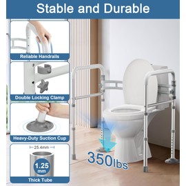 Toilet Safety Rails for Seniors (350 LBS), Adjustable Toilet Safety Frame for Elderly and Disabled, Foldable Handicap Toilet Assistance Rail Fits Most Toilets, White