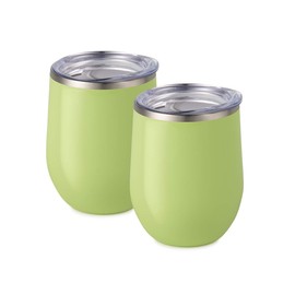 Maars Bev Stainless Steel Stemless Wine Glass Tumbler with Lid, Vacuum Insulated 12 oz Cup | Spill Proof, Travel Friendly, Fun Cocktail Drinkware - 2 Pack Matcha Green