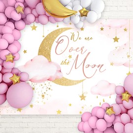 Newsely We are Over The Moon Baby Shower Backdrop 7Wx5H Photography Moon and Stars Starry Night Celestial Background Twinkle Little Star Newborn Party Decorations Banner Photo Booth Props Supplies