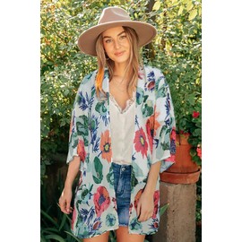 Women's Summre Kimono Cardigan Floral Print Sheer Chiffon Loose Casual Beach Cover Up Tops (Da White,S)