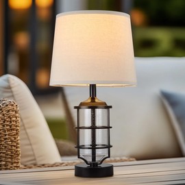 Hapcrea Outdoor Table Lamp, Farmhouse Lamp for Patio Table Decor with Cord, Rustic Table Light with Seeded Glass, 23.5" Plug-in Outdoor Lamps for Patio Waterproof, LED Bulb Included (Black)