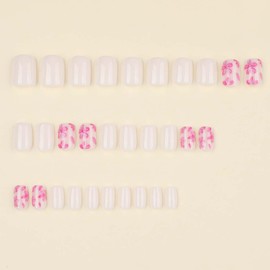 24Pcs Press on Nails Short Square LINMEIZAI Fake Nails Press ons Nail Tips Glue on Nails Full Cover Acrylic Nail Kit False Nails Stickers Nail Art with Creamy Pink Fowers Design for Women Manicure