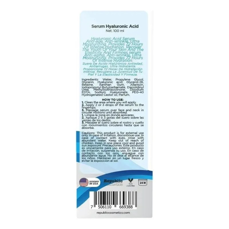 Serum De Ácido Hialurónico 100 Ml - Repubic Cosmetics