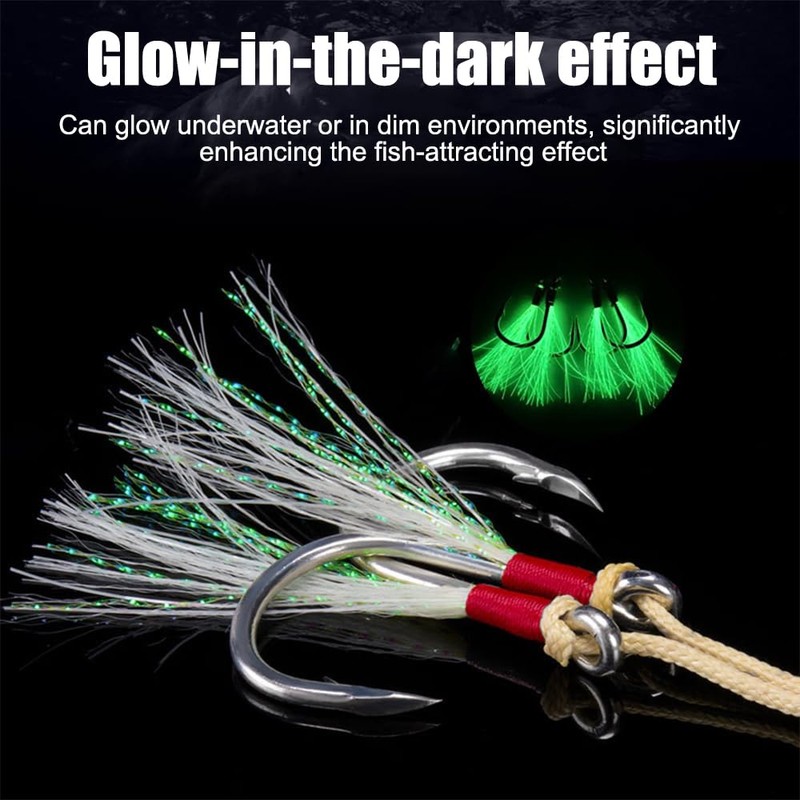 Assist Fishing Hooks, Pack of 10 Double Glow Jigging Hooks